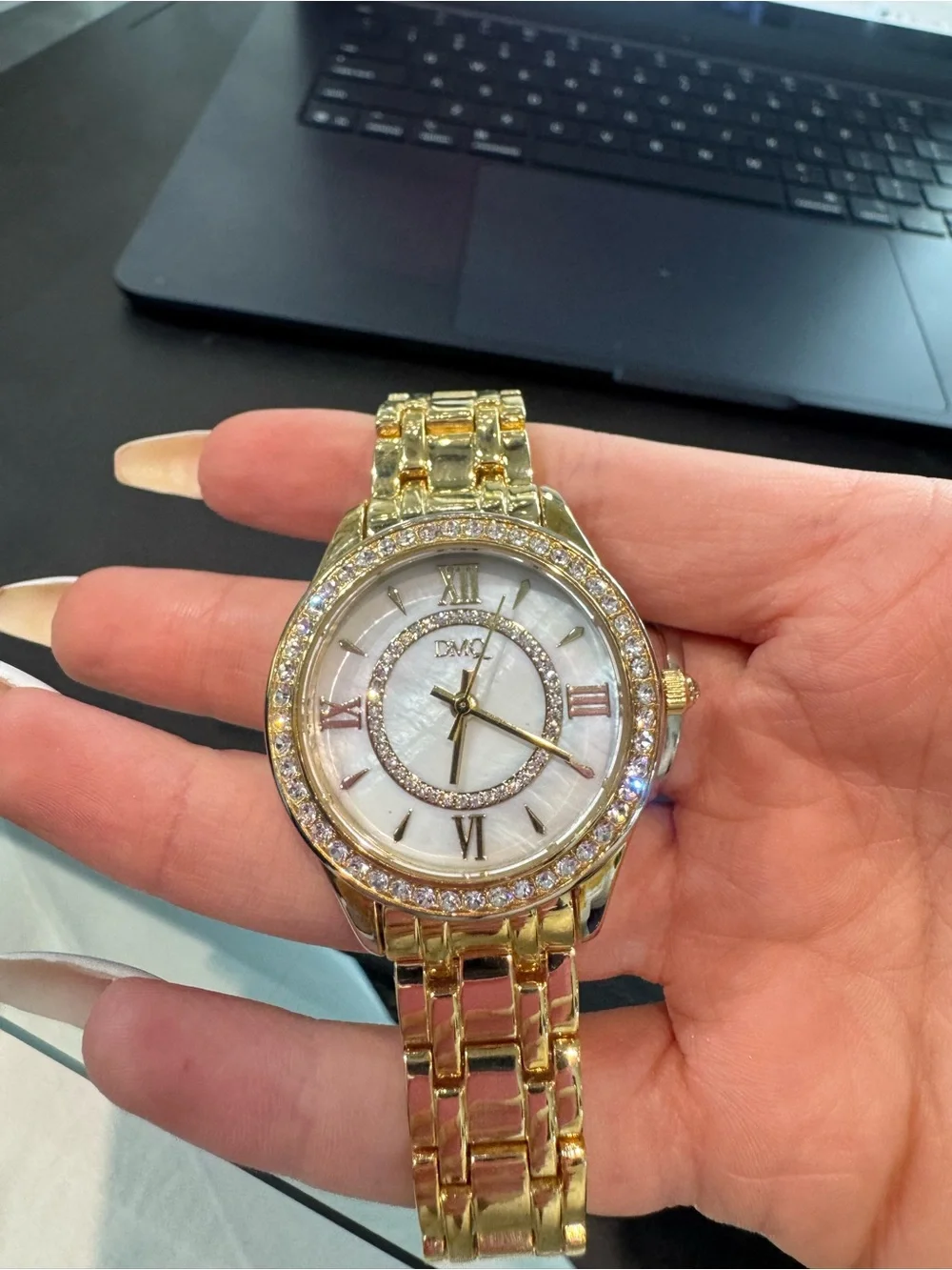 DMQ Women’s Gold-Tone Watch w/ Double Crystal Bezel, and Polished Link Bracelet